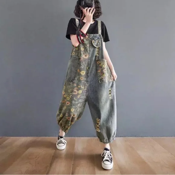 Women Print Floral Denim Overalls Casual Loose Size M Jumpsuit Wide Leg Pants - Picture 3 of 15